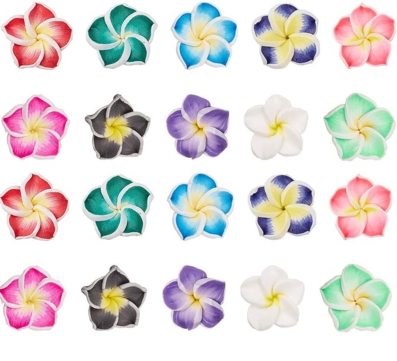 SUNNYCLUE 100Pcs 10 Color Polymer Clay Flower Beads Plumeria Spacer Loose Beads 15x8mm 5 Petal Summer Hawaii Floral Hawaiian Beach Spacer Charm Beads for Jewelry Earring Making Supplies DIY Craft - Image 1